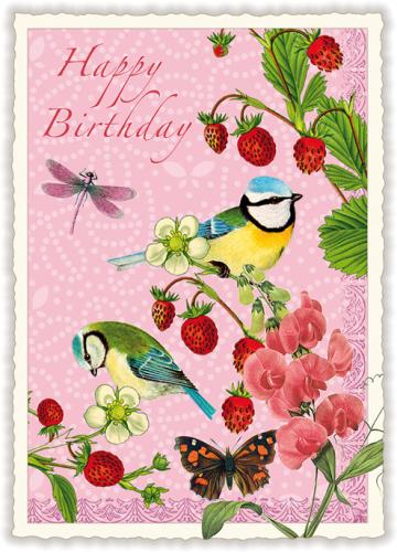 Happy Birthday, birds and wild strawberry, Postcard