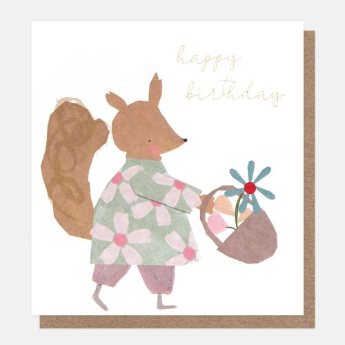Happy Birthday Squirrel With Flower Basket, Greeting Card
