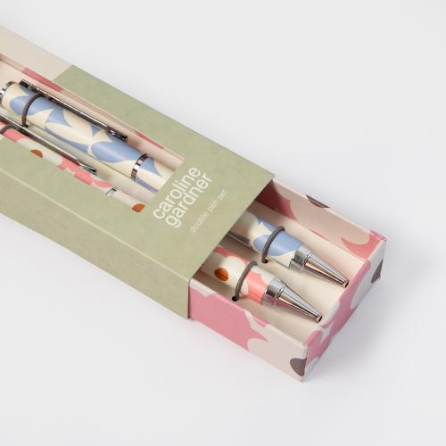 Pink Flower/Blue Hearts Set Of 2 Boxed Pens