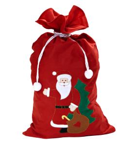 Julklappssäck röd med julgran och tomte