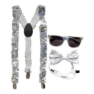 Partykit Silver med Hängslen, Glasögon, Fluga