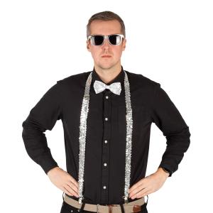 Partykit Silver med Hängslen, Glasögon, Fluga