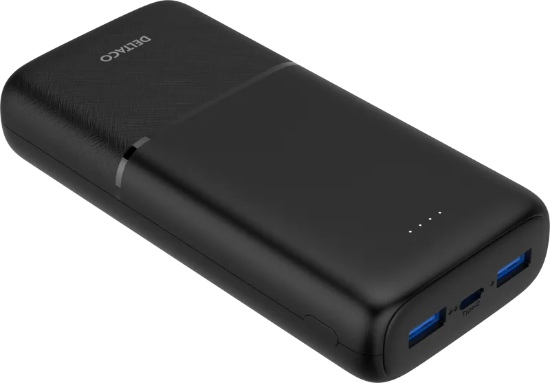 DELTACO Powerbank 3-portar, 2x USB-A 18W, 1x USB-C PD 20W, 20 000 mAh svart