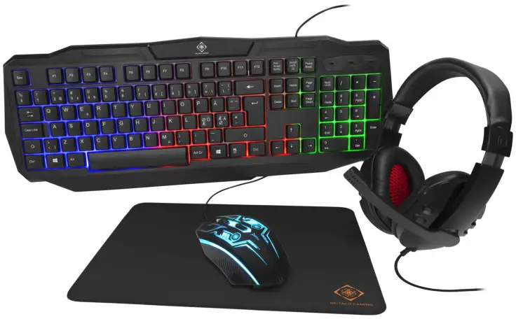 Deltaco 4-i-1 RGB-gaming kit, headset, tangentbord, mus och musmatta, RGB/svart