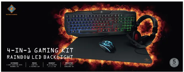 Deltaco 4-i-1 RGB-gaming kit, headset, tangentbord, mus och musmatta, RGB/svart