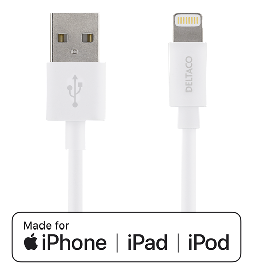 DELTACO USB-synk-/laddarkabel till iPad, iPhone och iPod, MFi, USB Typ A ha - Lightning ha, 1m, vit