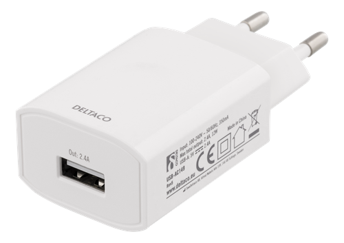 DELTACO väggladdare 100-240 V till 5 V USB, 2,4 A, 12 W
