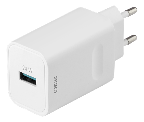 DELTACO USB-A väggladdare med snabbladdning 24W, vit