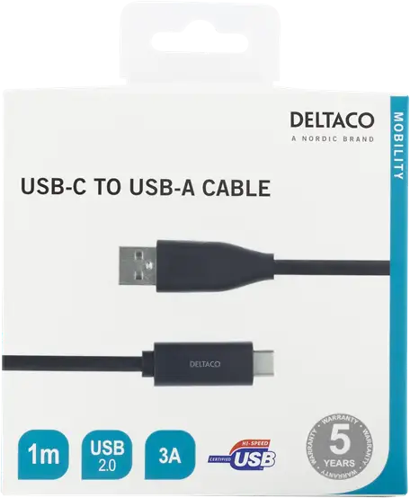 DELTACO USB-C till USB-A kabel, 1m, 3A, USB 2.0, svart