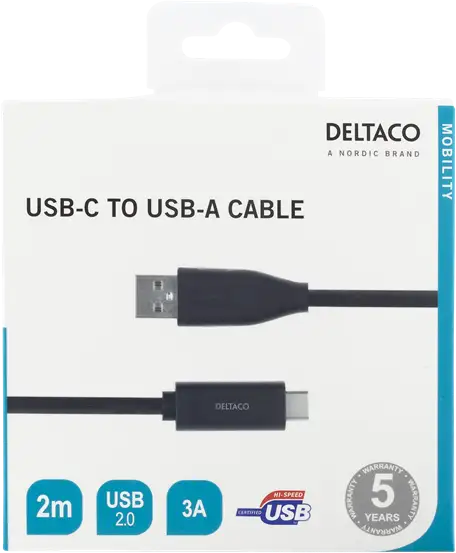 DELTACO USB-C till USB-A kabel, 2m, 3A, USB 2.0, svart