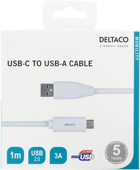 DELTACO USB-C till USB-A kabel, 1m, 3A, USB 2.0, vit