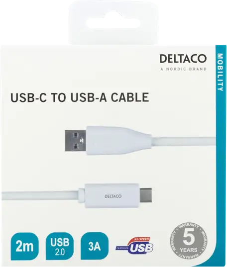 DELTACO USB-C till USB-A kabel, 2m, 3A, USB 2.0, vit