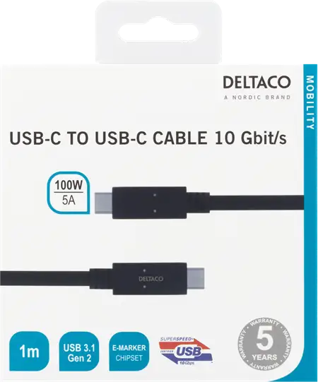 DELTACO USB-C till USB-C-kabel, 1m, 10Gbps, 100W 5A, USB 3.1 Gen 2, E-Marked, svart