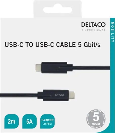 DELTACO USB-C till USB-C kabel, 5 Gbit/s, 5A, 2 m, svart