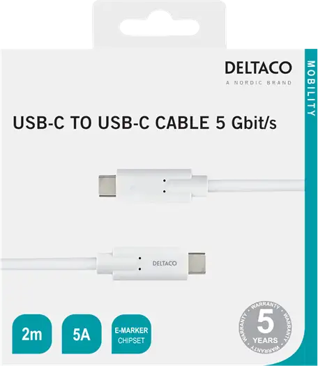 DELTACO USB-C till USB-C kabel, 5 Gbit/s, 5A, 2 m, vit