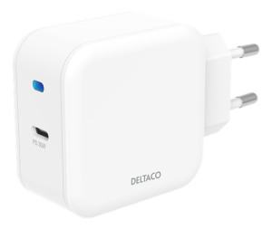 DELTACO USB-C väggladdare med PD, 9 V/3 A, 30 W, vit
