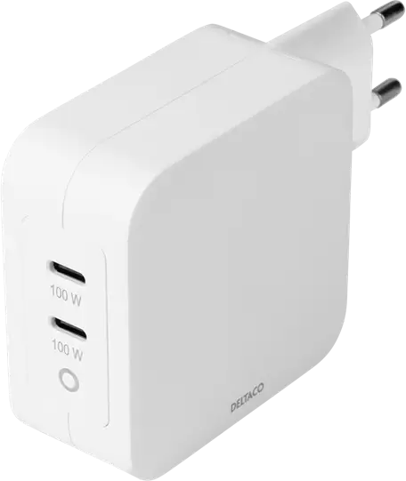 DELTACO USB-C väggladdare 2 x USB-C , 100 W, vit