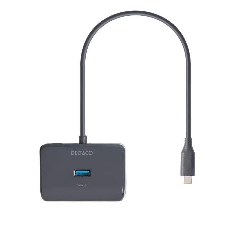Deltaco USB-C hubb med 4-USB-A portar, 5 Gbit/s, extra strömtillförsel, svart