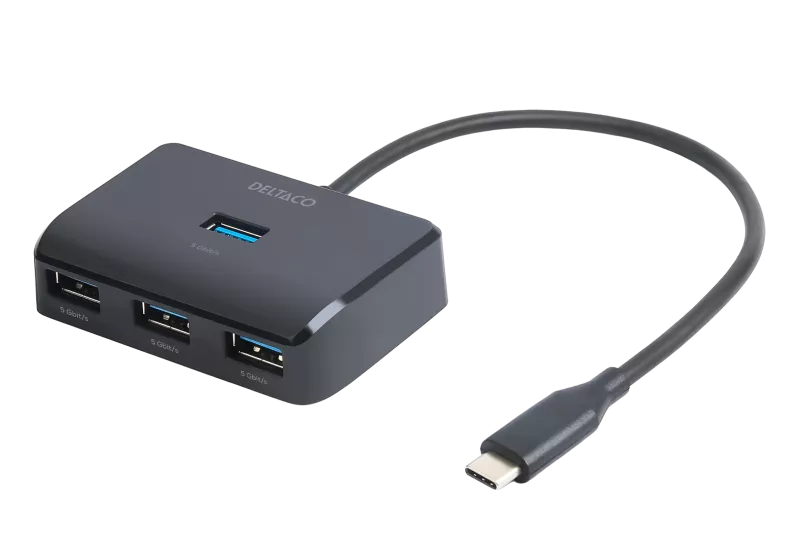 Deltaco USB-C hubb med 4-USB-A portar, 5 Gbit/s, extra strömtillförsel, svart
