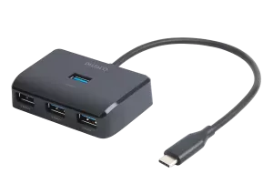 Deltaco USB-C hubb med 4-USB-A portar, 5 Gbit/s, extra strömtillförsel, svart