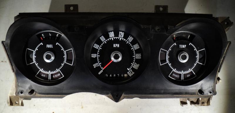1972 Ford Torino   instrument housing   speedometer KPH,  temp gauge, fuel gauge