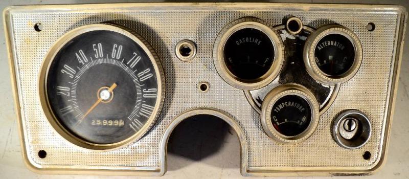 1963 Plymouth Valiant  instrument housing    speedometer, tank gauge, ampere gauge, temp gauge, ignition switch