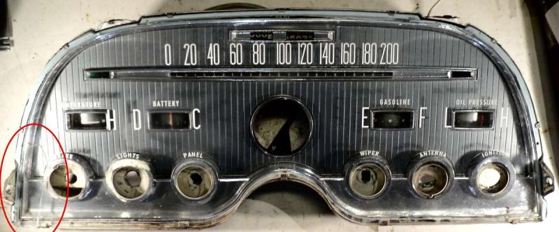 1959 Chrysler Imperial   instrument housing,  speedometer, amperemeter,  temp gauge, fuel gauge, oil pressure gauge (plastic is cracked, see picture)