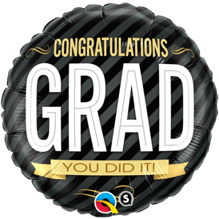 Svart ballong med texten "Congratulations Grad - you did it"