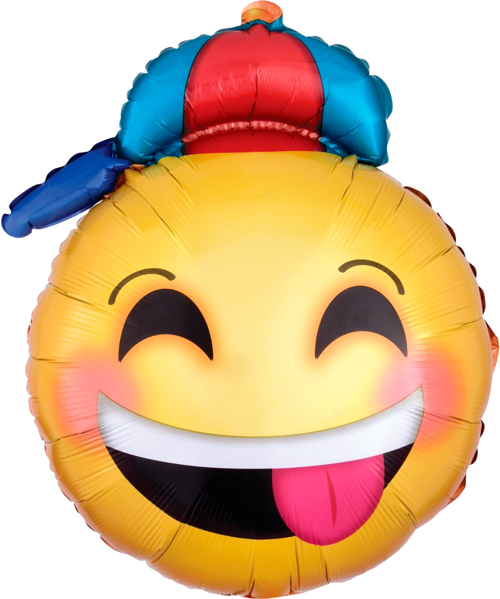 Gul folieballong med glad emoji som räcker ut tungan. Hatt