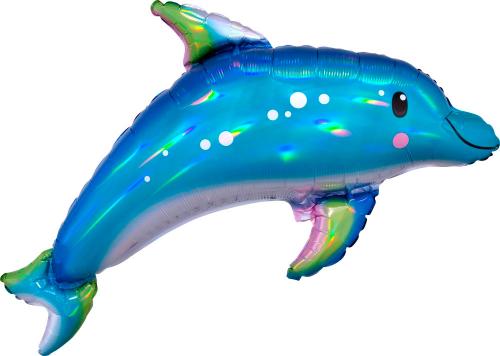 Holographic SuperShape Iridescent Blue Dolphin Foil Balloon P40 Packaged 73cm x 68cm