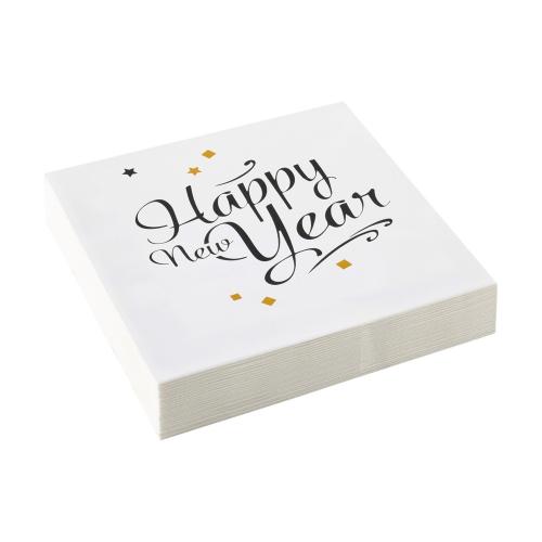 Servetter Happy New Year, vit, 33 cm