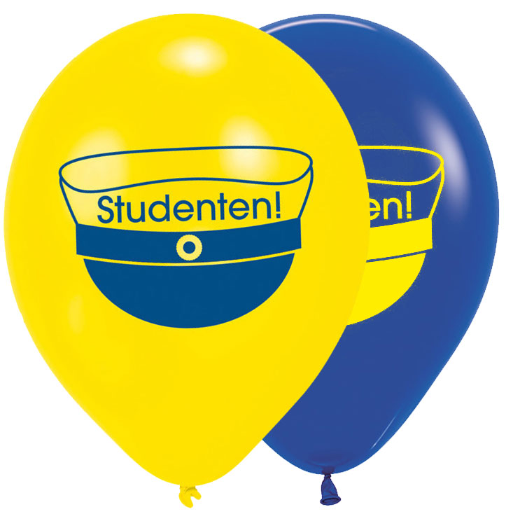 Blå och gula latexballonger med studentmössa och texten "studenten"