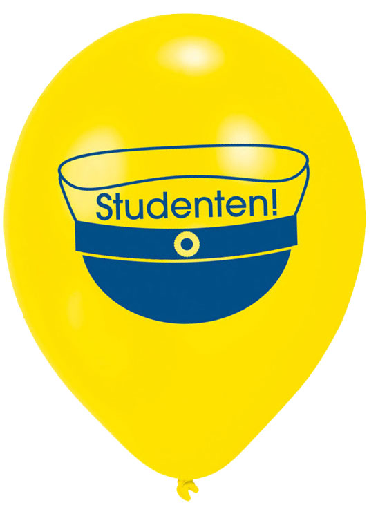 Gul latexballonger med studentmössa och texten "studenten"