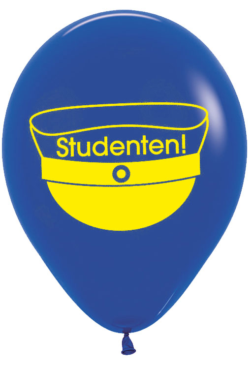 Blå latexballonger med studentmössa och texten "studenten"