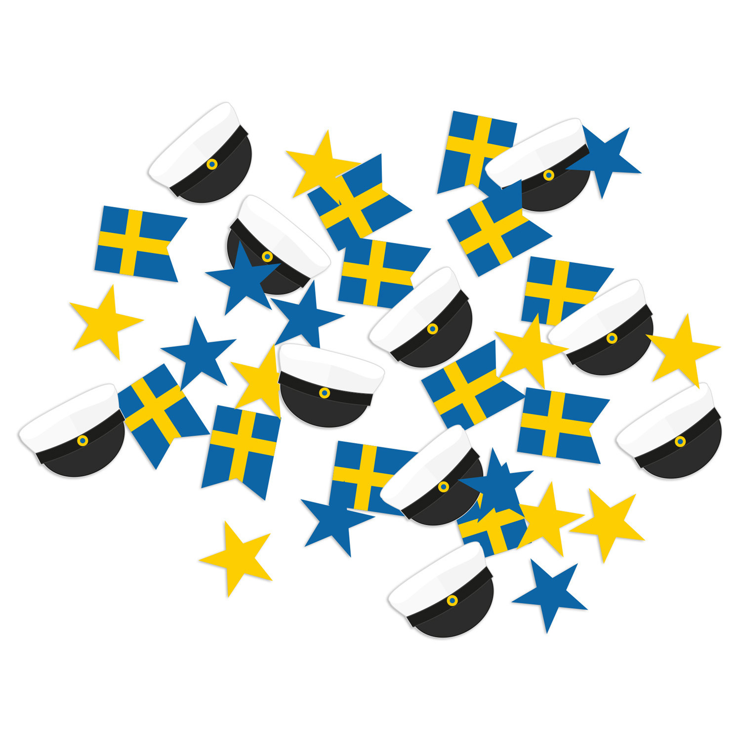 Papperskonfetti med studentmössor, svenska flaggor och gula stjärnor