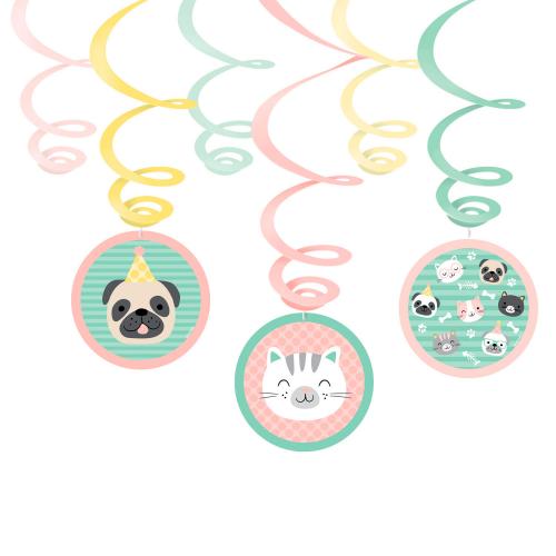 6 Swirl Decorations Hello Pets Foil / Paper 80 cm