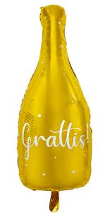 Guldfärgad folieballong i form av en flaska med texten "Grattis"