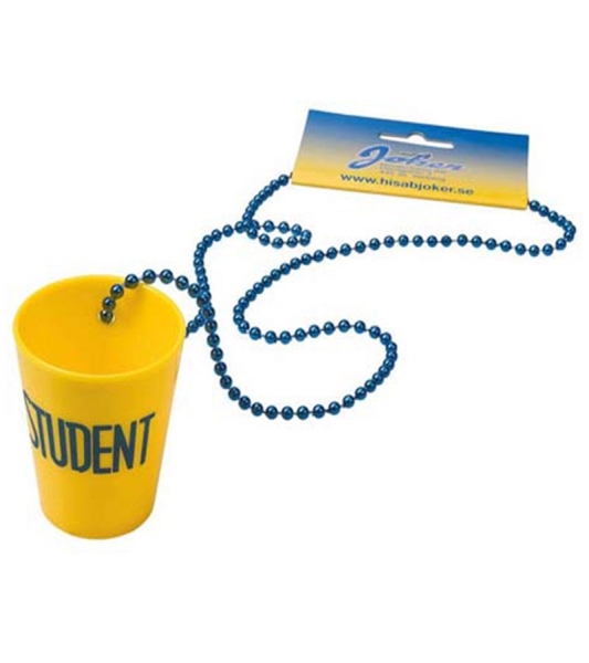 Gult shotglas i plast med band - att hänga om halsen på studenten