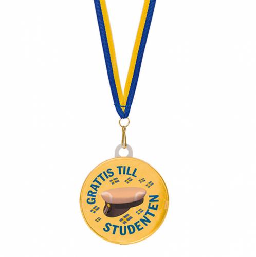 Chokladmedalj med studentmotiv och blått och gult band
