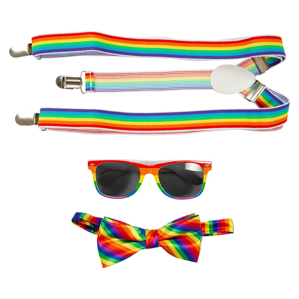 Fluga, hängslen och glasögon i Pride-färger