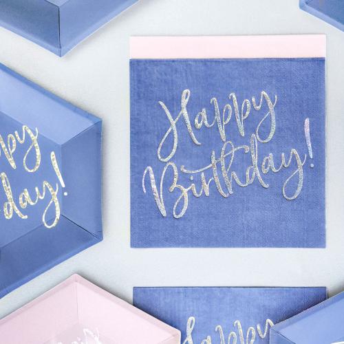 Servetter Blå Happy Birthday Glitter