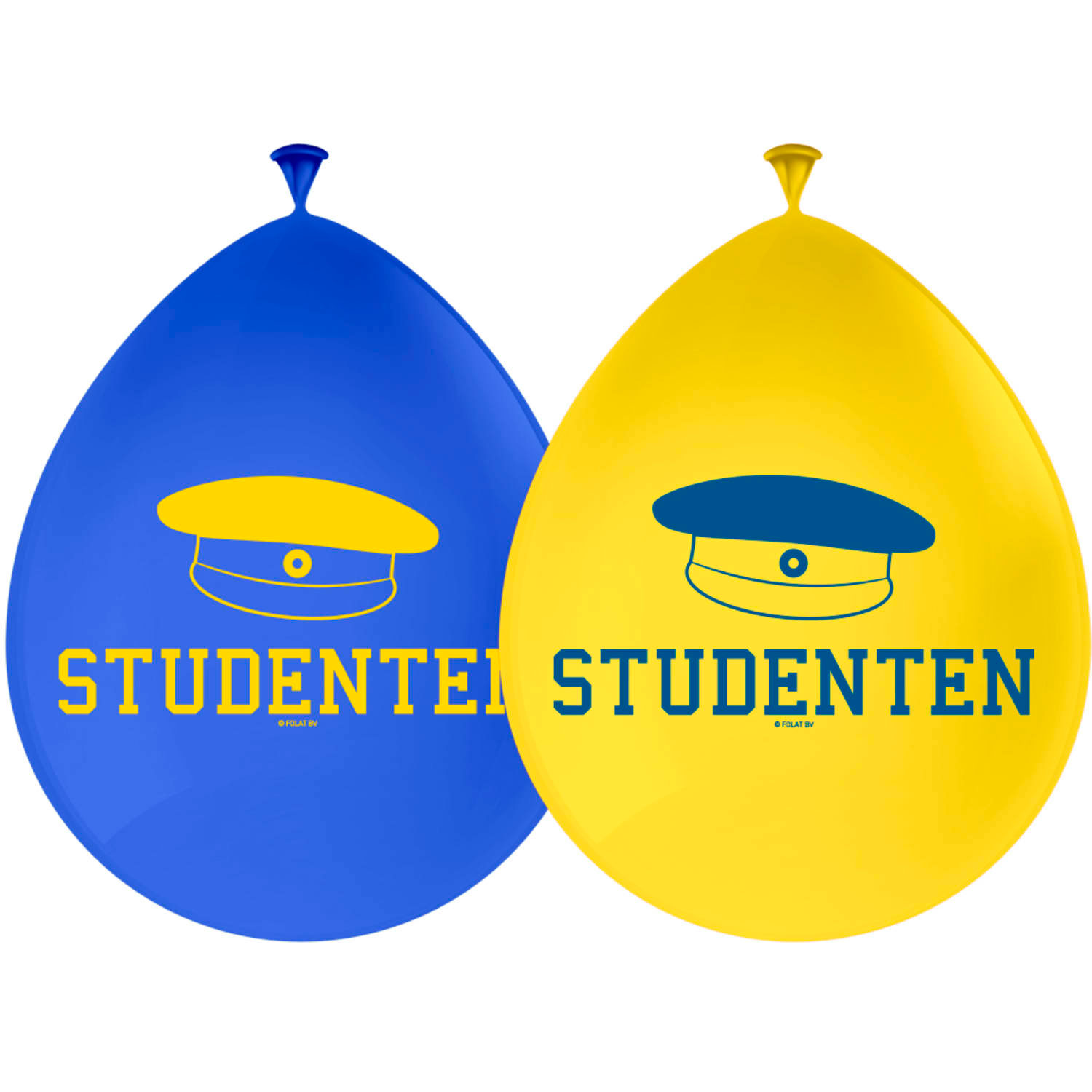 Gul och blå latexballonger med studentmössa och texten "studenten"
