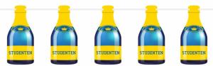 Pappersgirlang med blå och gula champagneflaskor med texten "studenten"