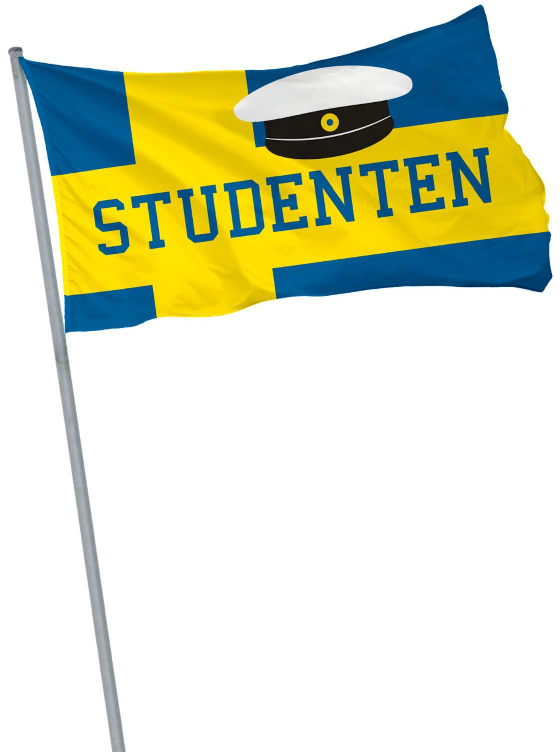 60x90 cm stor sverigeflagga med texten "studenten" och en studentmössa