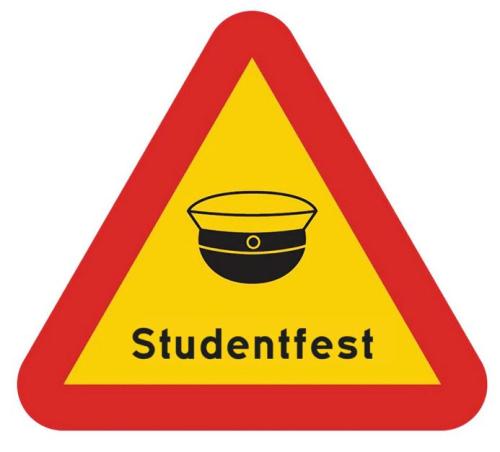 Skylt Varning för Studentfest