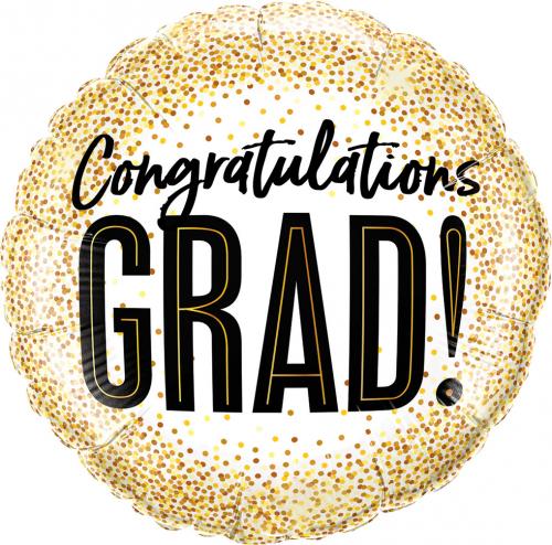 Vit och guldig rund folieballong med texten "congratulations grad"