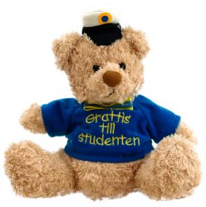 Ljusbrun studentnalle med blå tröja och texten "grattis till studenten"
