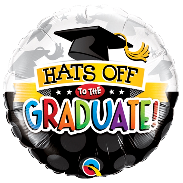 Rund flerfärgad folieballong med texten "hats off graduate"