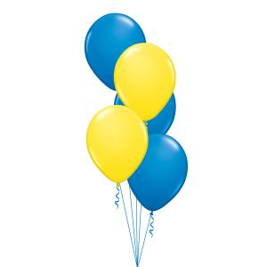 Ballongbukett med tre blå latexballonger och två gula
