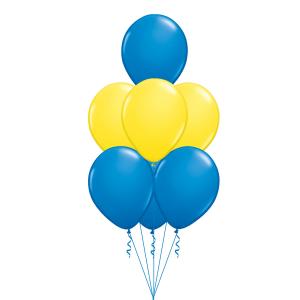 Ballongbukett med sju stycken 28 cm latexballonger i gult och blått